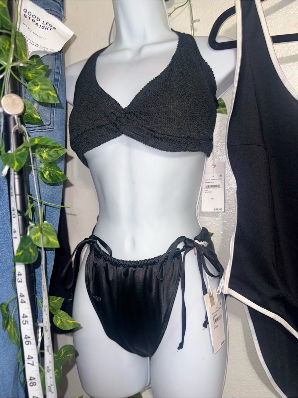 NWT 3X GOOD AMERICAN Black Textured Twist bikini top & Tie-Side Bikini Bottoms